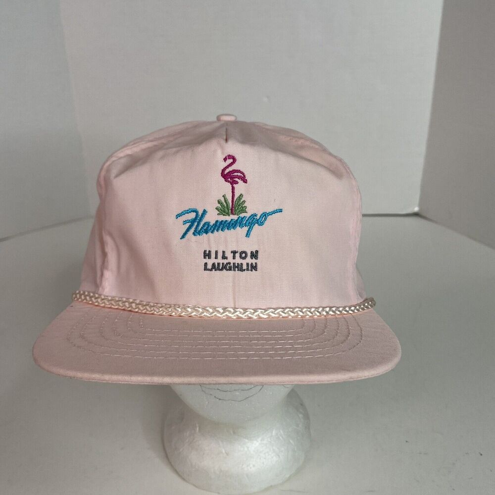 Vintage Flamingo Cord Hat, Pink Adjustable Otto Cap, Hilton Laughlin